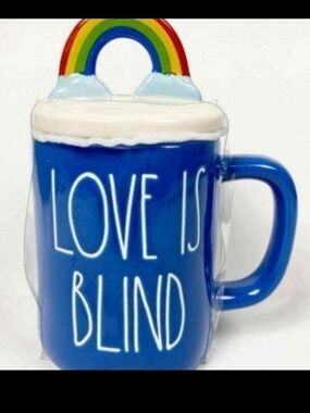 Rae Dunn Blue Ceramic Mug with Rainbow Handle Accent